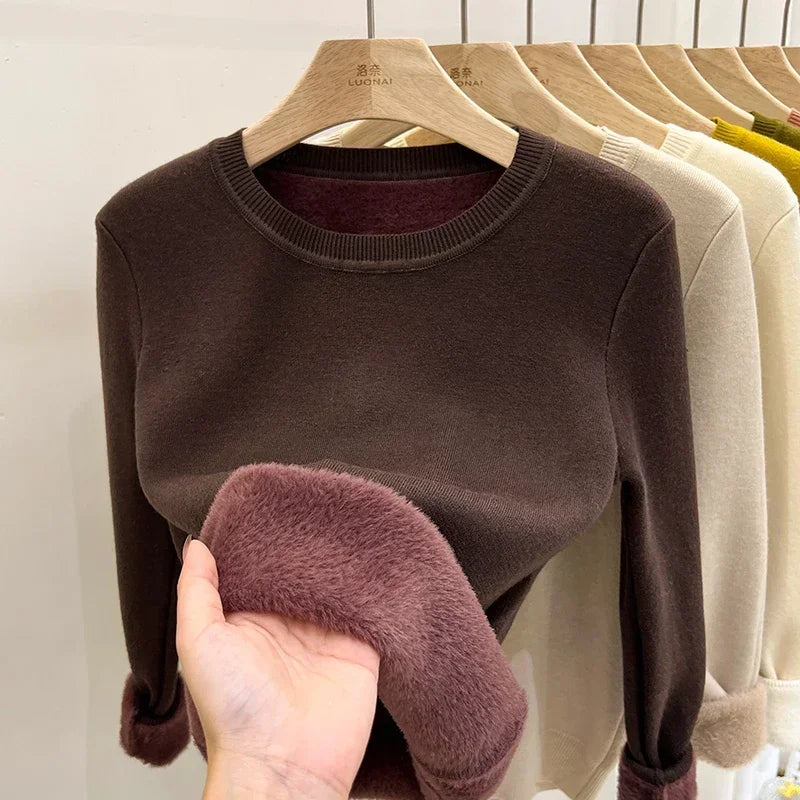 Women's O-neck Velvet Thicken Sweaters Winter Slim Warm Long Sleeve Knitted Tops Casual Plush Fleece Lined Soft Pullovers Ladies