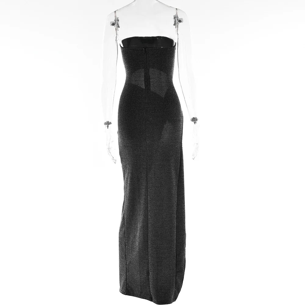 Cryptographic Summer Sexy Strapless Cut Out Slit Maxi Dress Elegant Outfits for Women Sleeveless Glitter Twist Dresses Vestido