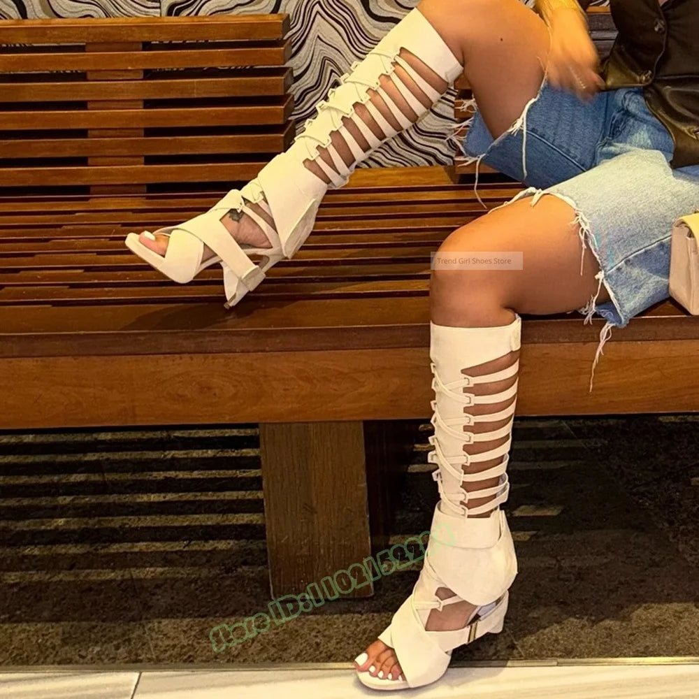 Hollow Straps Buckles Sandals Open Toe Solid Knee High Sandals Stiletto Heels Summer Women Sexy Shoes Party Casual Designer Shoe