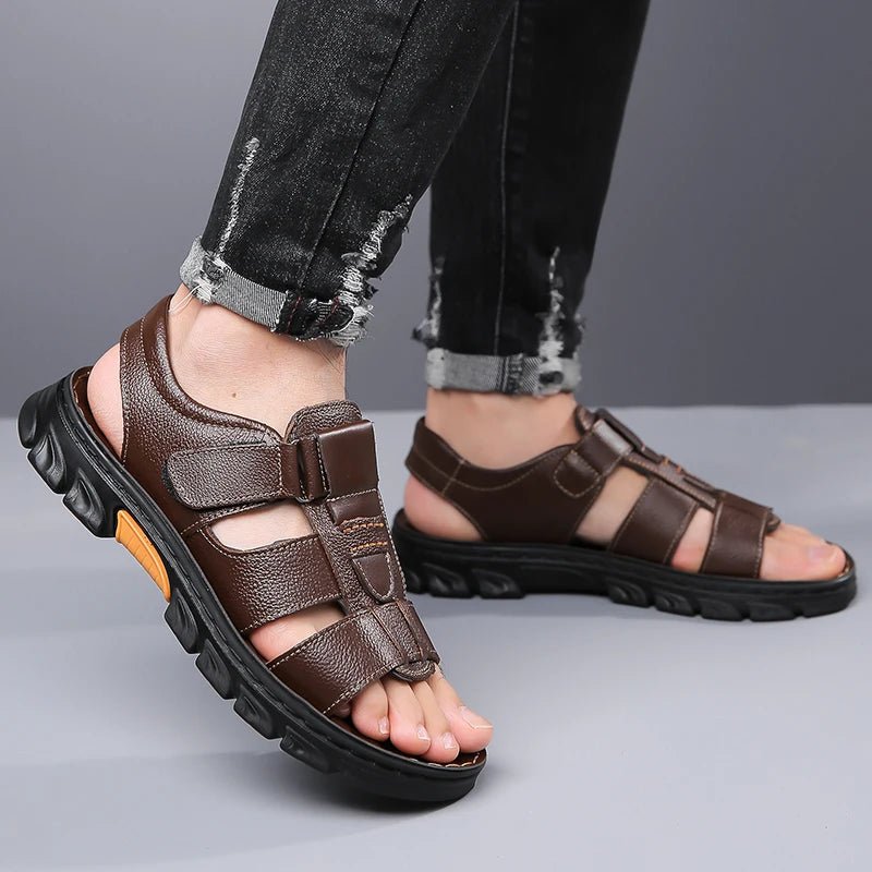 Men's Sandals Adjustable Solid Color Shoes Summer Casual Comfort with Durable Rubber Sole, Breathable PU for Outdoor Walking