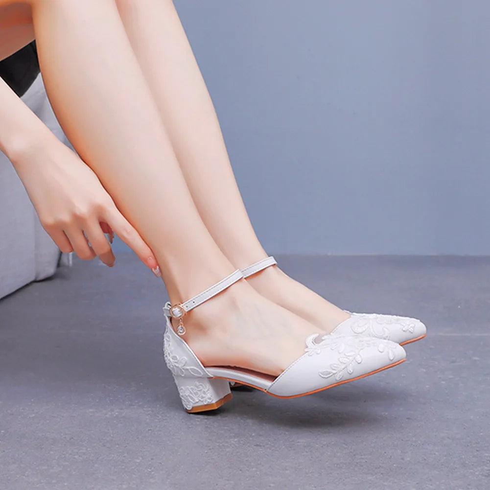 White Lace Wedding Shoes Thick Flower High Heels Women Bridal With Low Mouth Buckle 7CM Sandals Pumps