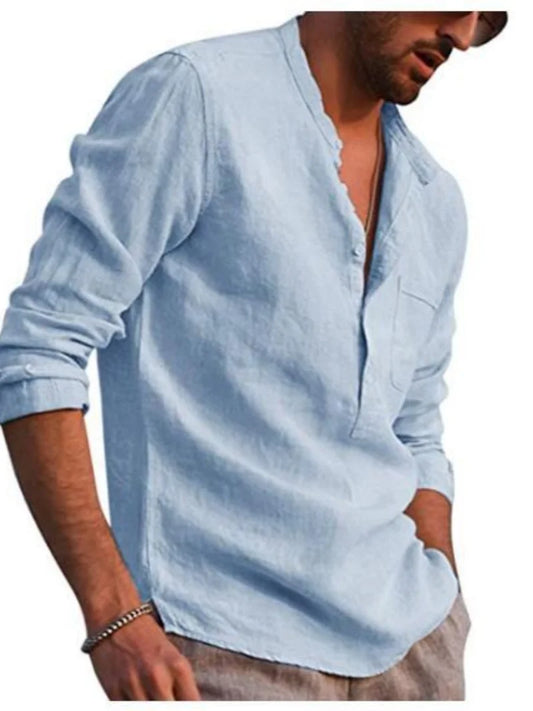 Men's Long Sleeve Linen Shirt with V Neck and Button Placket for Casual Summer Wear