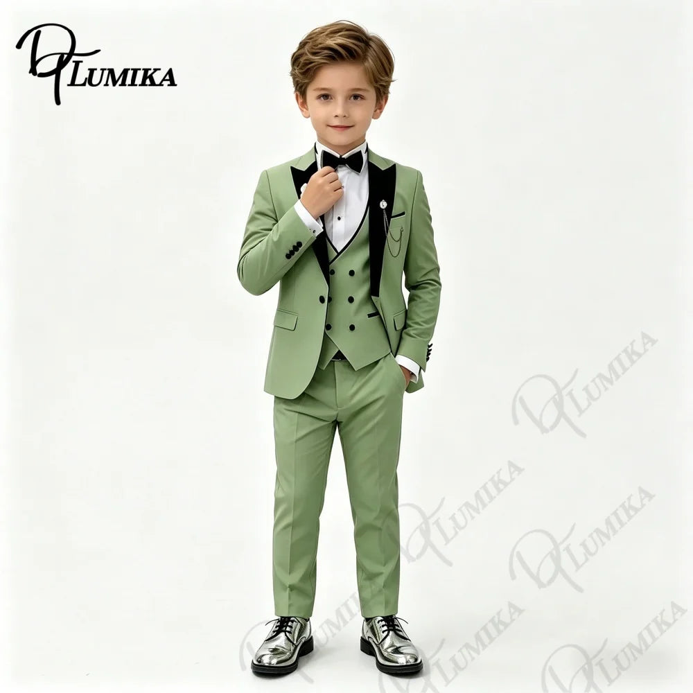 Boys Wedding Suit Jacket Vest Pants with Bowtie Tie Peak Lapel Kids Formal Tuxedo for Party Stage Prom Graduation Dress Outfit
