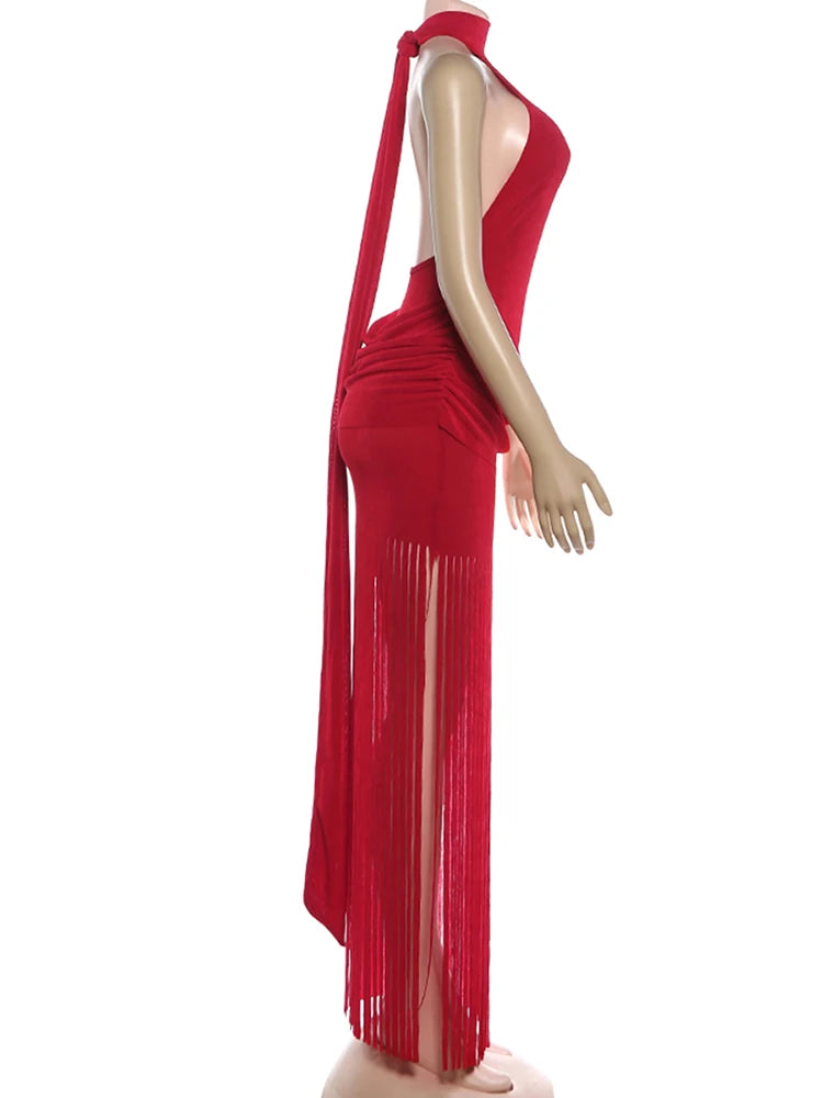 Weird Puss Velvet Halter Dress Women Ruched Patchwork Tassel Hem Backless Bodycon