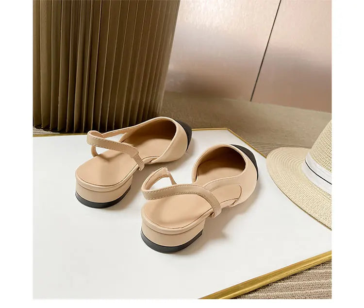 2023Spring Autumn Fashion High Heels Sandals Women's Dress Square Toe Slingback Shoes Women's Color Block Back With Flat Sandals