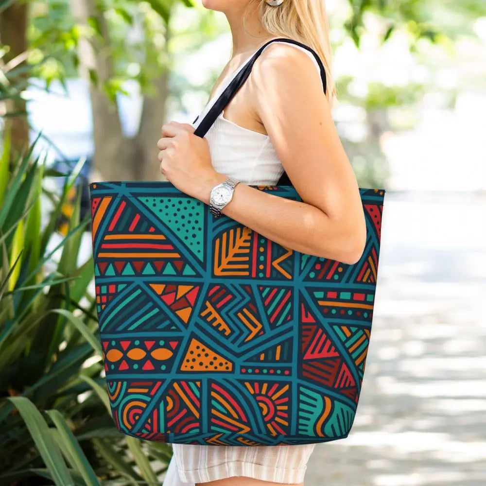 African Ankara Prints Grocery Shopping Tote Bags Women Geometric Ethnic Art Canvas Shoulder Shopper Bags Big Capacity Handbag