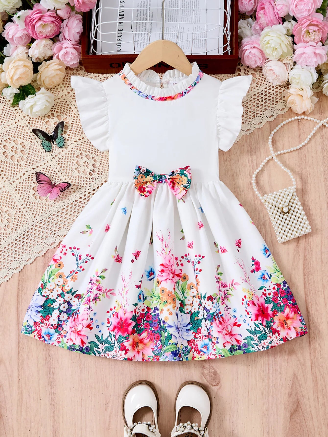 New Kids Girl Dress Summer Floral with Bow Fashion White Vestidos Short Sleeve Children Clothing Outfits Casual Daily Dresses