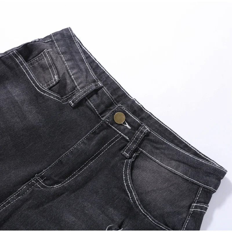 Women Ripped Jeans Low Waist Skinny Denim With Zipper Pockets Blue Y2K Summer