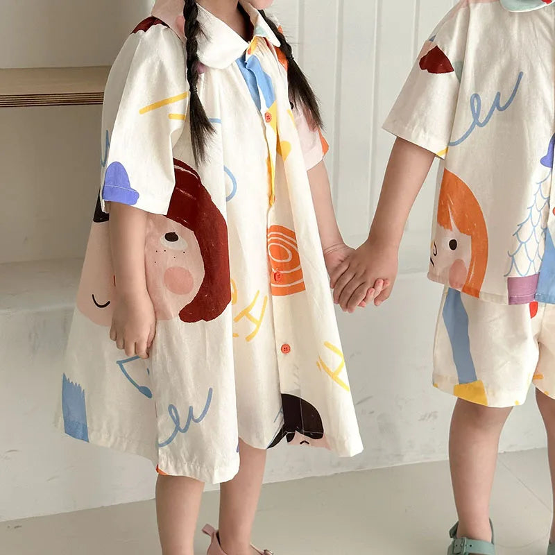 Loose Fit Summer Kids Clothes Set Girls Cute Graffiti Dress Boys Short Sleeved Shirt Children Thin Brother Sisters Outwear Suit