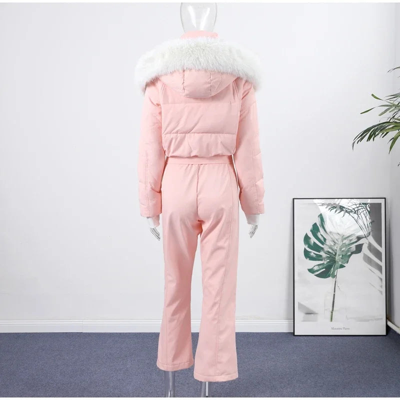 Women  Fur Collar Hooded Skiwear Fashion Solid Thicken Zipper High Waist Slim Outdoor Overalls Jumpsuit  Lady Winter Outwear