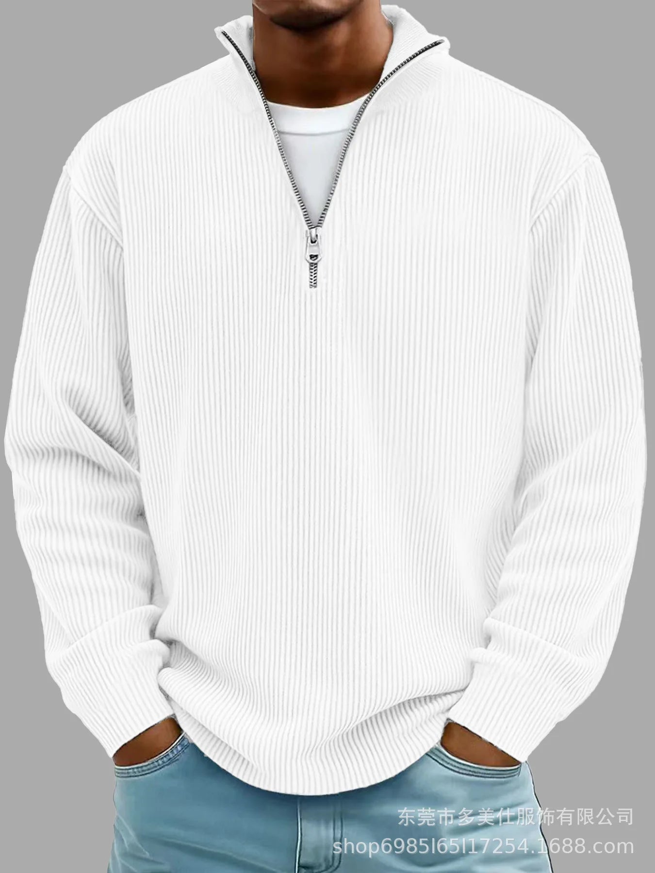 autumn/winter new men's fashion versatile casual stand up collar half zipper design corduroy long sleeved polo shirt sweatshirt