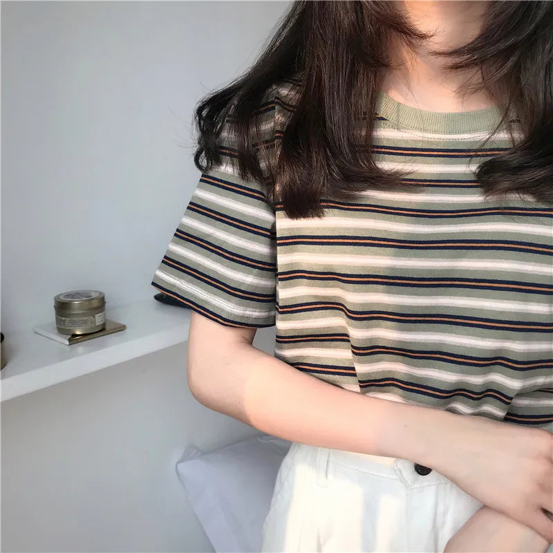 MRMT 2026 Brand New Women's Striped t-Shirts Contrast Color Striped Women t Shirt Loose Woman Bottoming Shirts Tops Tees