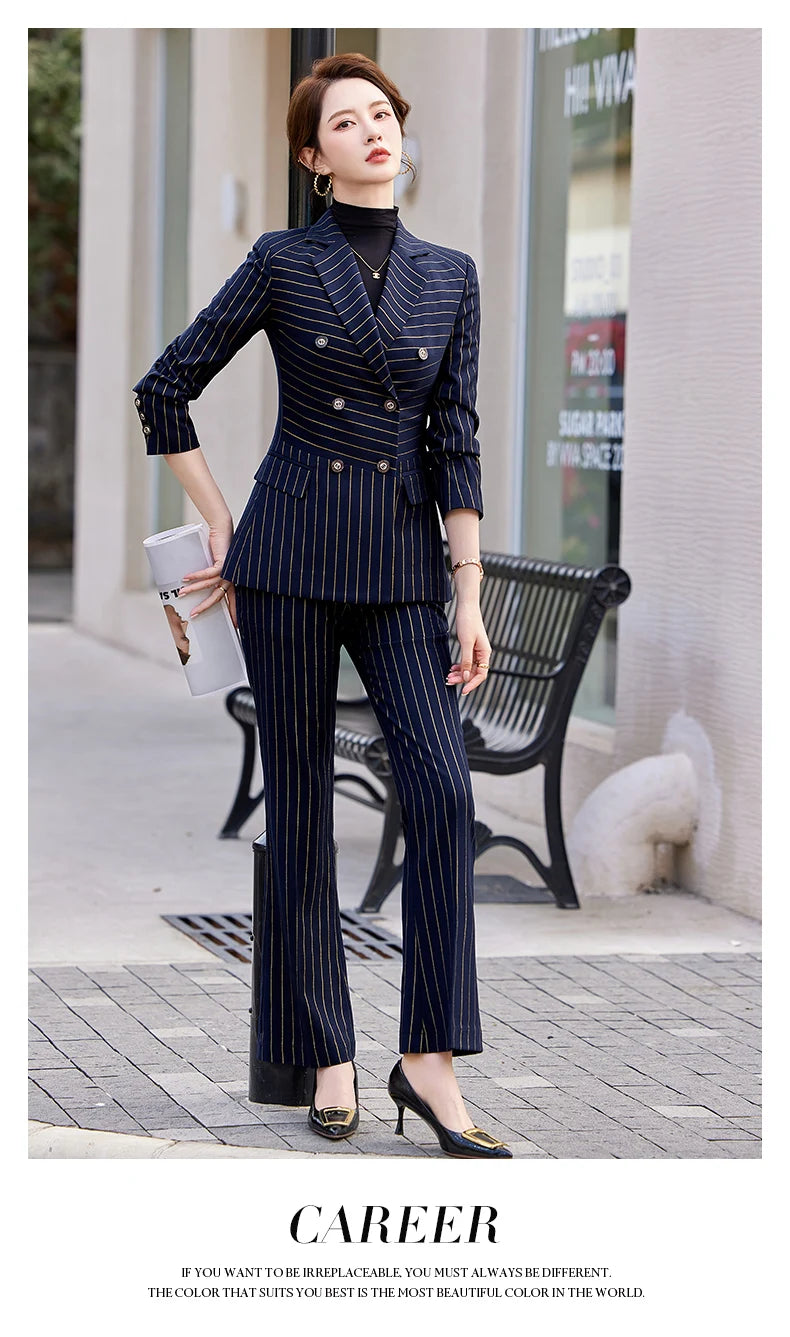 NAVIU Fashion Women Office Ladies Formal Golden stripes Pants Suit Set Female Business Work Wear Blazer Jacket And Trouser