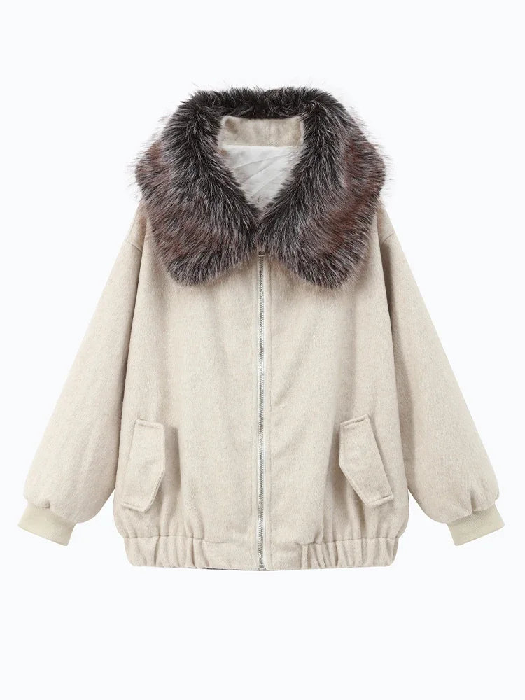 Chic Faux Fur Collar Patchwork Woolen Coat Women Casual Lapel Full Sleeve Zipper Loose Warm Coats Lady Commute Office Outerwears