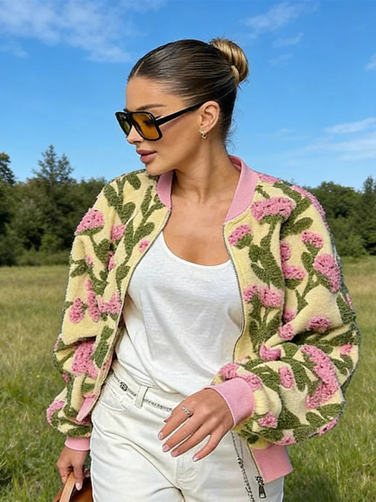 Cute Dreamy Flower Plush Bomber Jackets Chic Oversized Long Sleeves Zip Up Fleece Coat 2026 Casual High Street Women's Clothes BAZAARHUBO