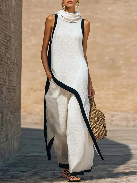 2026 European American Linen Cotton 2 Piece Set Solid Sleeveless Shirt High Waist Long Pants Elegant Casual Outfit