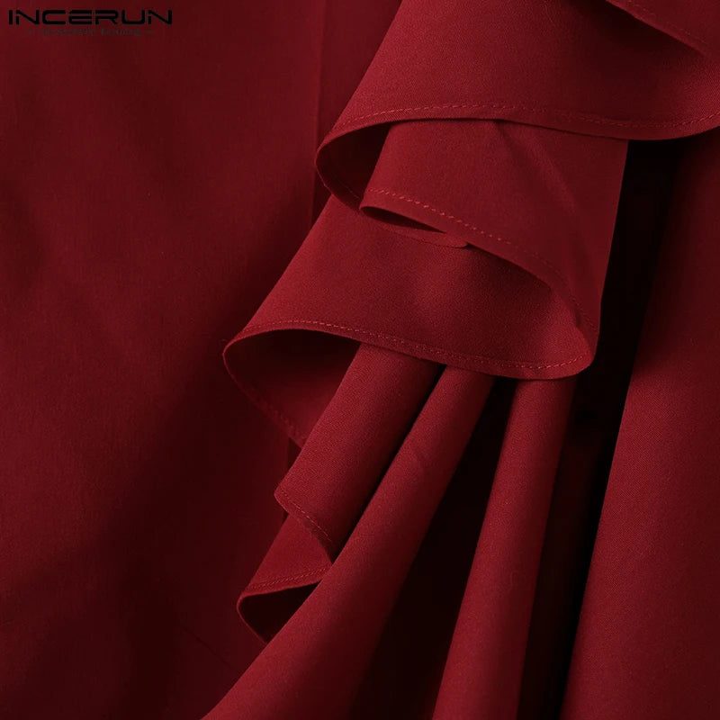 INCERUN 2025 American Style Trousers Fashion New Men Double-layer Flounce Pants Male Casual Solid Color Wide Leg Pantalons S-5XL