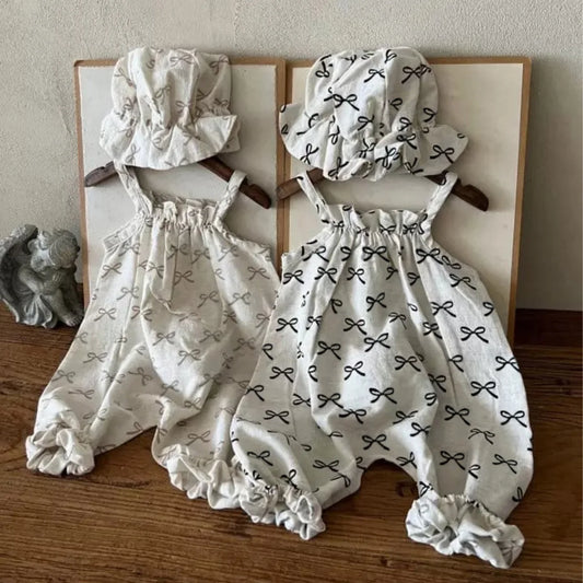 2026 Summer New Baby Girl Cute Bow Print Sling Jumpsuit Newborn Cotton Breathable Romper Infant Girl Loose Overalls Baby Clothes