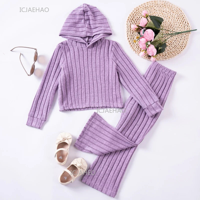 Girls Children Outfit Set Hooded Knit Sweater Long Sleeve Solid Pants Casual Clothing for Kids Toddler Daily Wear Autumn Spring