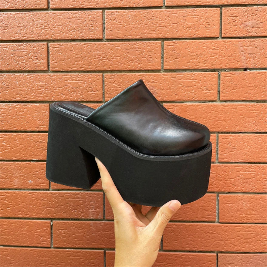 Sandals Summer 2026 New Women Slippers Baotou Platform Trend High Heels Ladies Shoes Pumps Black Soft Leather Thick Slides Mujer