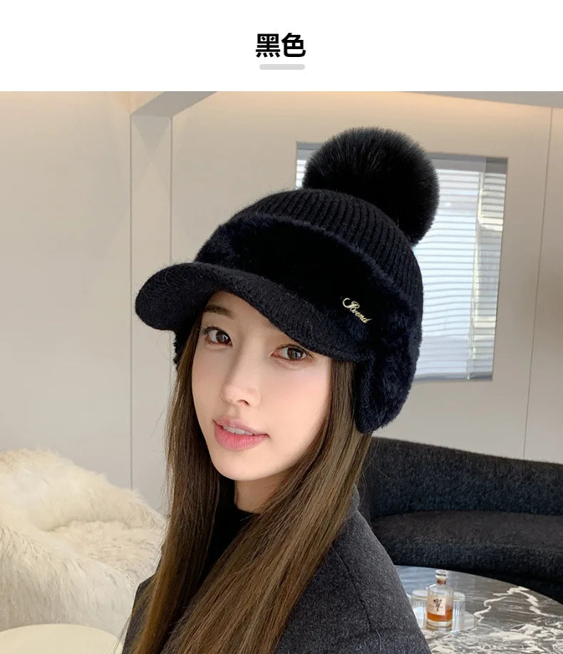 Winter Caps Patchwork Mink Fur Ear Protection Plush Hat Fashionable Solid Color Simple Wool Ball Knitted Hat For Women Cap BAZAARHUBO