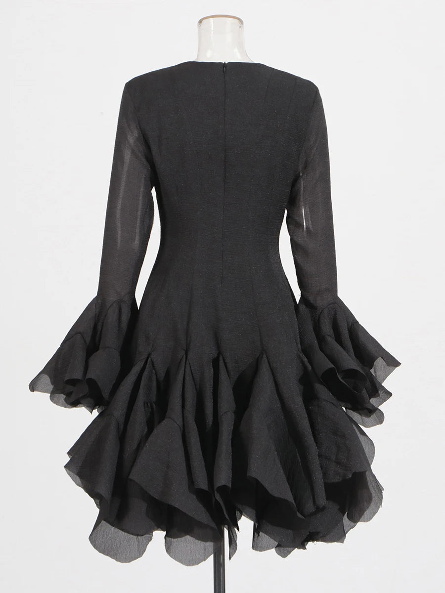 TWOTWINSTYLE Solid Long Dresses For Women Round Neck Flare Sleeve High Waist Slim A Line Spliced Ruffles Dress Female Fashion
