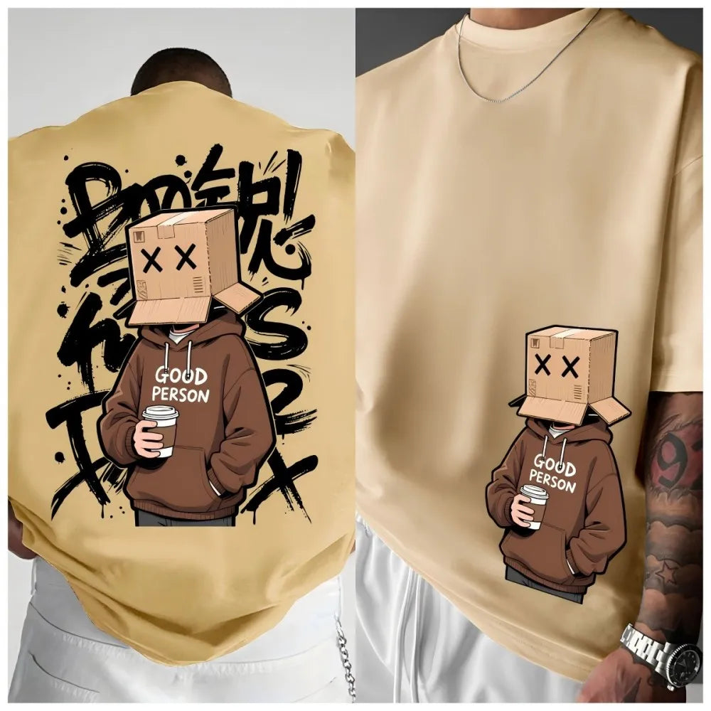 American Summer Men's Cartoon Character Letter Graffiti Print Comfortable and Breathable Round Neck T-shirt Outdoor Street Top