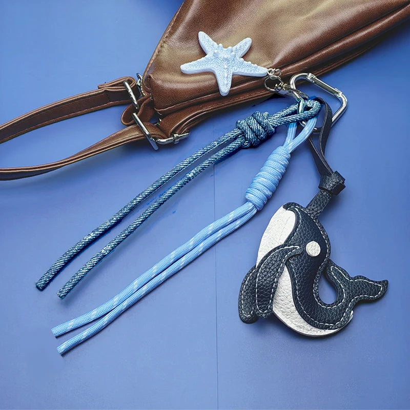 Exquisite Blue Whale Pendant Keychain,Cartoon Cute Starfish Whale Woven Rope Charm Car Bag Decoration Creative Gift