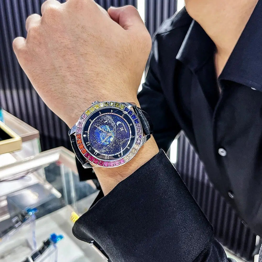 Fashion Starry Sky Luminous Mechanical Watch for Men Leather Steel Strap Luxury Brand Business Automatic Mens Watches AOKULASIC