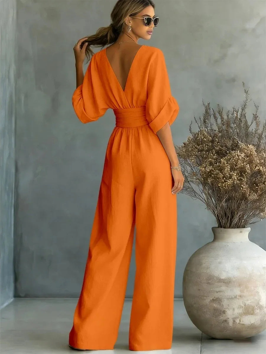 Women's Jumpsuit Fashion High Waist V-neck Casual Jumpsuits Sexy  Solid Color Office Wide Leg Trousers Overalls Vacation Outfit