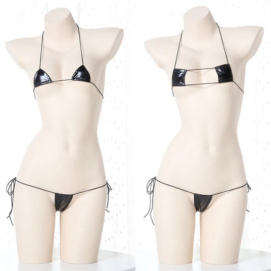 Summer Beach Womens Micro Mini Bikini Set Women Sexy Underwear Temptation Leather Lace-Up Bra Outfit Costumes Cosplay Swimsuit