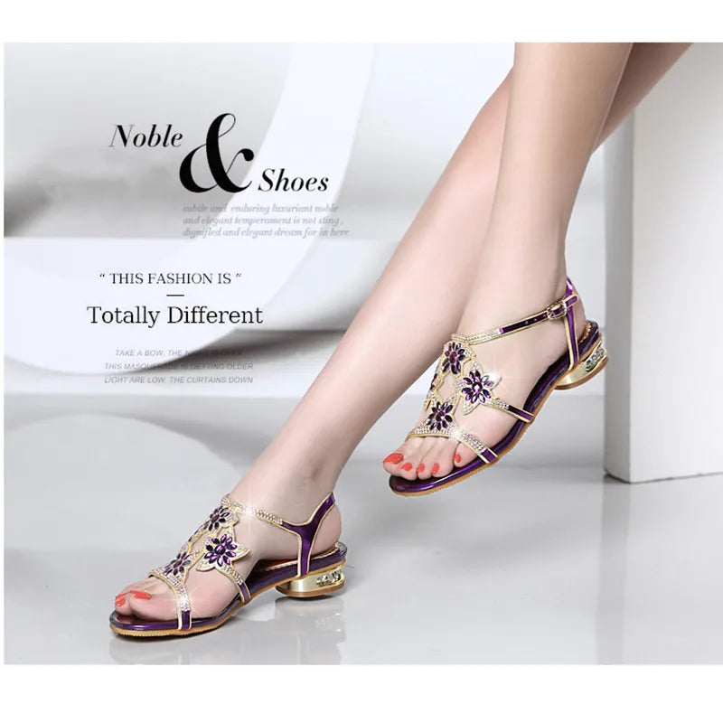 Comemore Ladies Low Block Heel Women's Sandal with Diamonds Outdoor Beach Shoes New Fashion Heeled Sandals High Heels Luxury 33