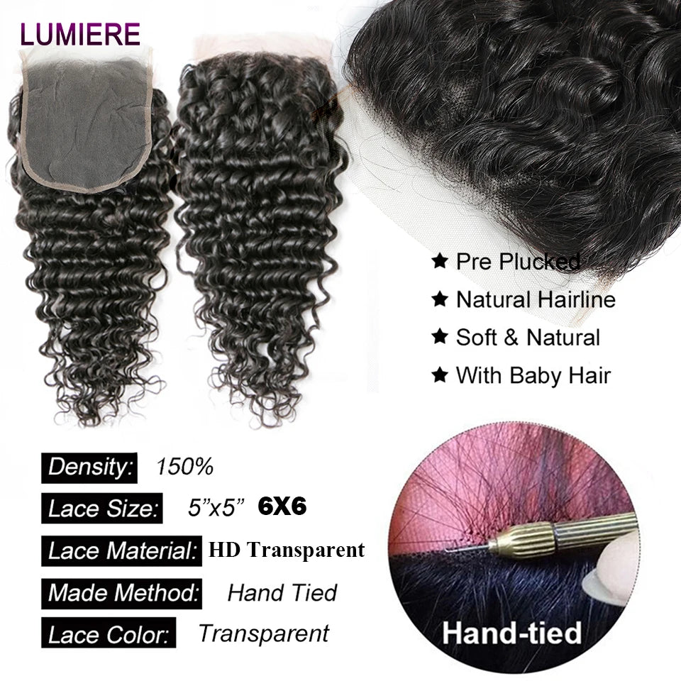 32" Deep Wave 100% Human Hair Bundle With Closure Fontal HD Transparent Curly 3 Bundles Human Hair Weavings And Closure Vietname