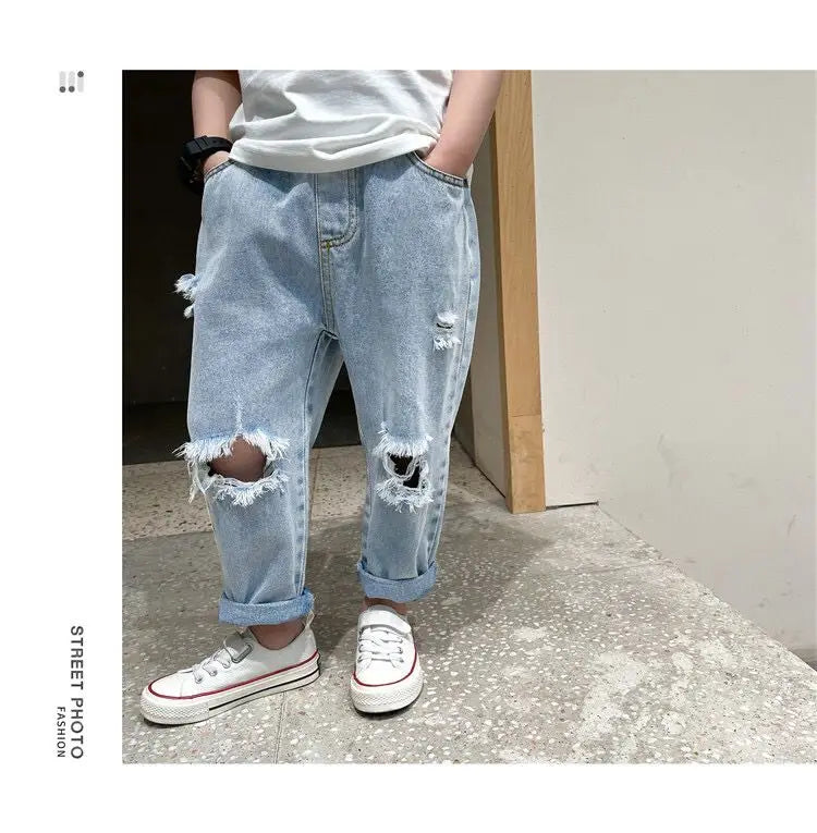 Kids Boys Pants Summer Ripped Jeans New Fashion Children's Baby Loose Casual Jeans Pants Boy and Girl Trousers