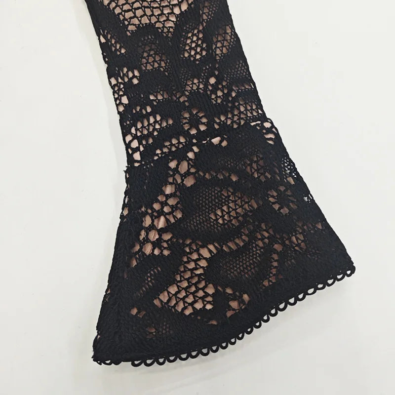 Suninheart Hollow Out Long Sleeve Cocktail Dress Women Lace Stand Collar