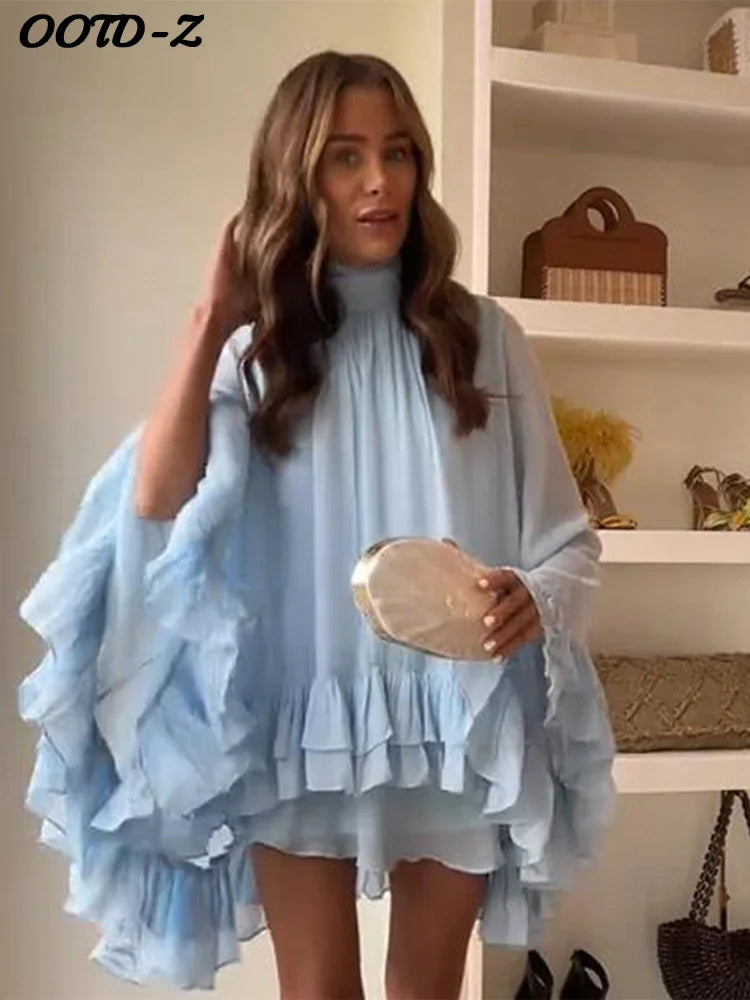 Summer Ruffles Short Dress Women Turtleneck Pleated Loose Turtleneck Flare Sleeve Robes 2025 Fashion Lady Party Holiday Gowns