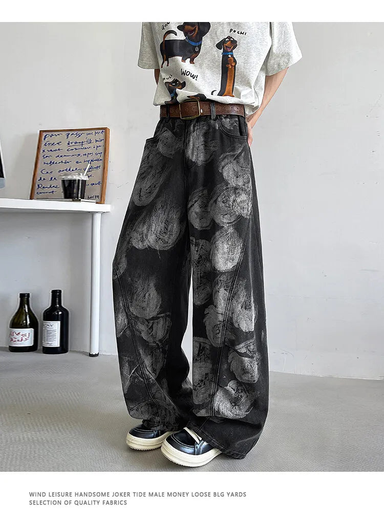 Straight Loose Fit Printed Streetwear Jeans Unisex Urban Fashion Trendy Casual Denim Pants mens Hip Hop Oversized Comfort 2023