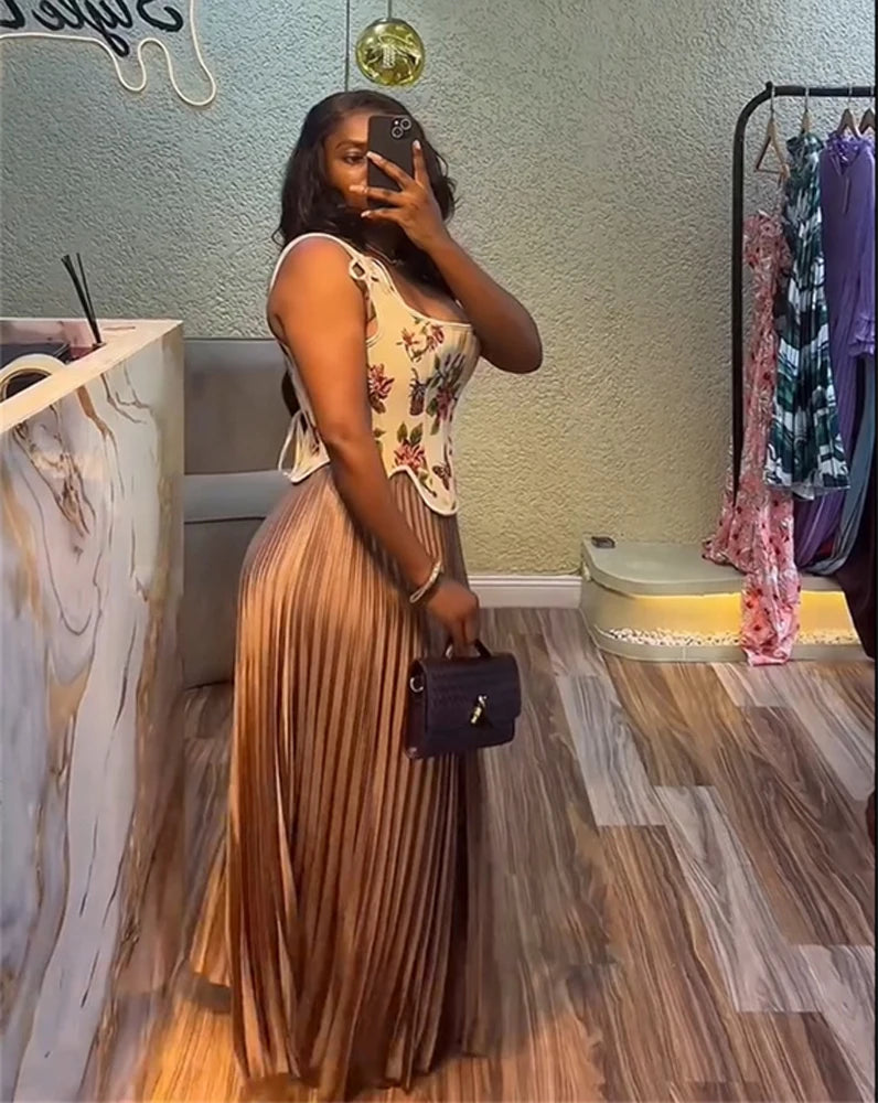 Women's Dresses Sets Floral Print Corset Top High Waist Pleated Long Maxi Skirts Suit 2025 Party Evening 2 Two Piece Set Outfit