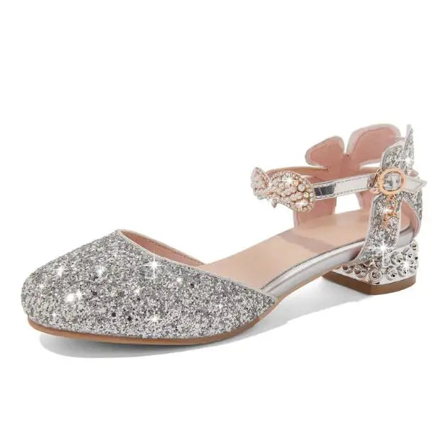 Princess Kids Leather Shoes Girls Sandal Sweet Pearl Casual Glitter Children High Heels Girls Party Dance Shoes Pink Gold Silver
