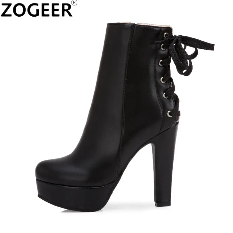 Fashion Ankle Boots Women Platform High Heels Short Boot Lace-up Black White Yellow Party Winter Shoes Lady Large Size 50 45