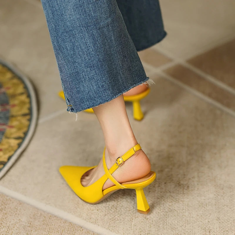 Fashion Slingbacks Women Pumps Spring Summer Office Ladies Party Prom Genuine Leather Pointed Toe High Heels Shoes Woman Sandals