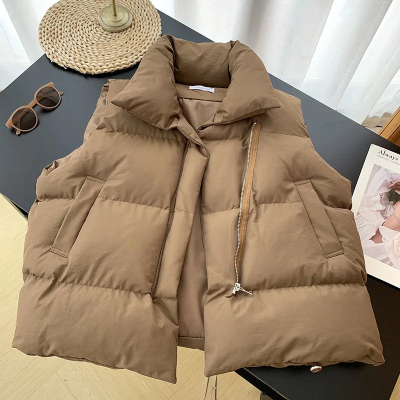 Women Zippered Cotton Vest Winter Autumn Sleeveless Waistcoat Jacket Vintage