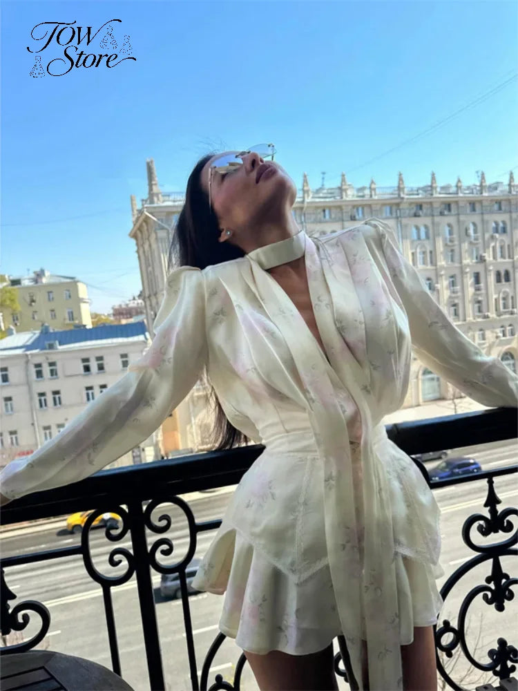 Elegant Floral Printed Waist-cinched Mini Dress Women Pleated Deep V-neck Long Sleeve Button-front Dresses Fashion Party Robe