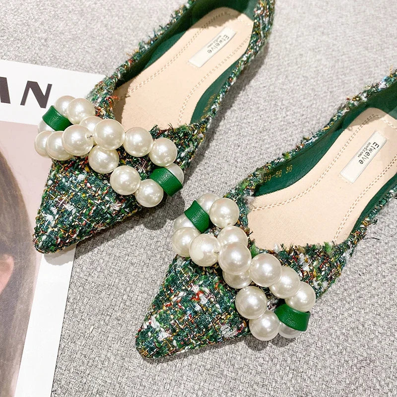 Flat Shoes for Women 2025 Spring Summer New Big Pearls Green White Women Flats Slip on Casual Loafers Zapatillas Mujer 44 45 46
