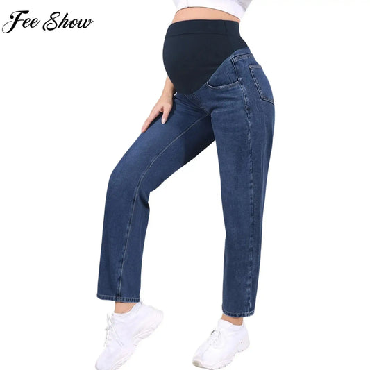 Maternity Fashion Casual Wide-Leg Loose Jeans Pregnant Women Adjustable High Waist Belly Support Denim Pants Pregnancy Clothing