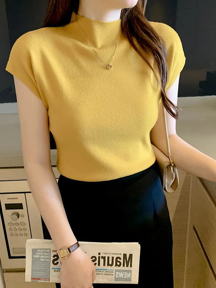 2026 Women Summer Knitted Turtleneck Sleeveless T-Shirts Tops Solid Slim Fit Pullovers Causal Tees Female Streetwear Basics Tees
