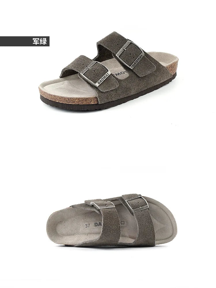 Genuine Leather Men Women Cow Suede Slippers Boy Girl Beach Slides Classic Cork Footbed Women Sandals  With Orthopedic Diabetic