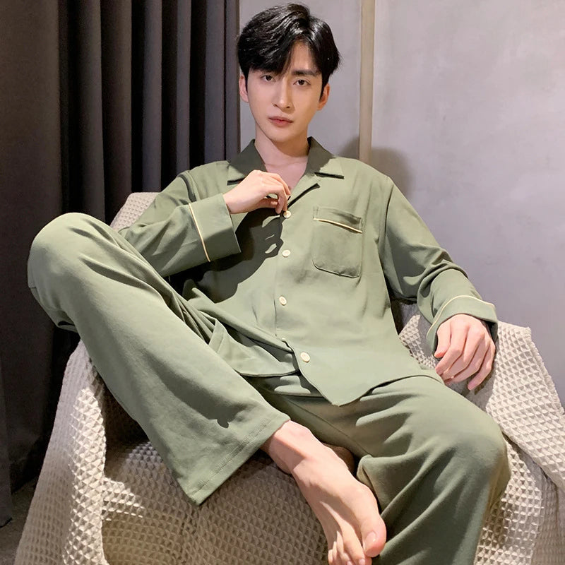 Pajamas for Men Spring and Autumn Long-Sleeved Young Men's Simple Casual Lapel Autumn and Winter Home Wear Set