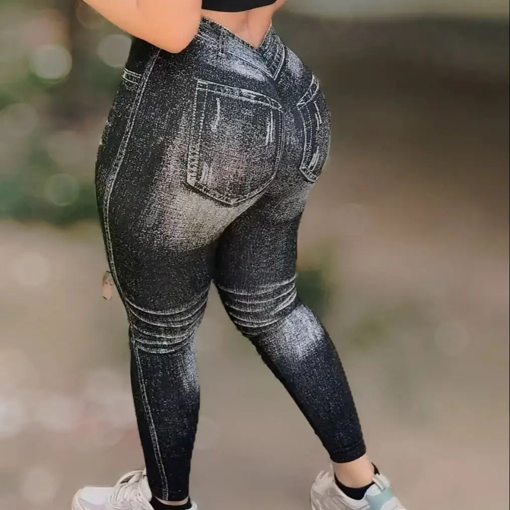 Women V Back Faux Denim Leggings For Gym Workout Athletic Yoga Pants Seamless