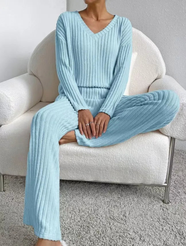 Fashionable Knitted Two-Piece Set Casual V-Neck Long Pants Autumn Winter New Style Loose Fit Korean Style Comfortable Polyester